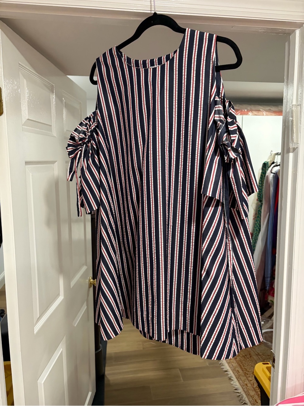 Navy Striped Cold-Shoulder Dress with Tie Sleeves